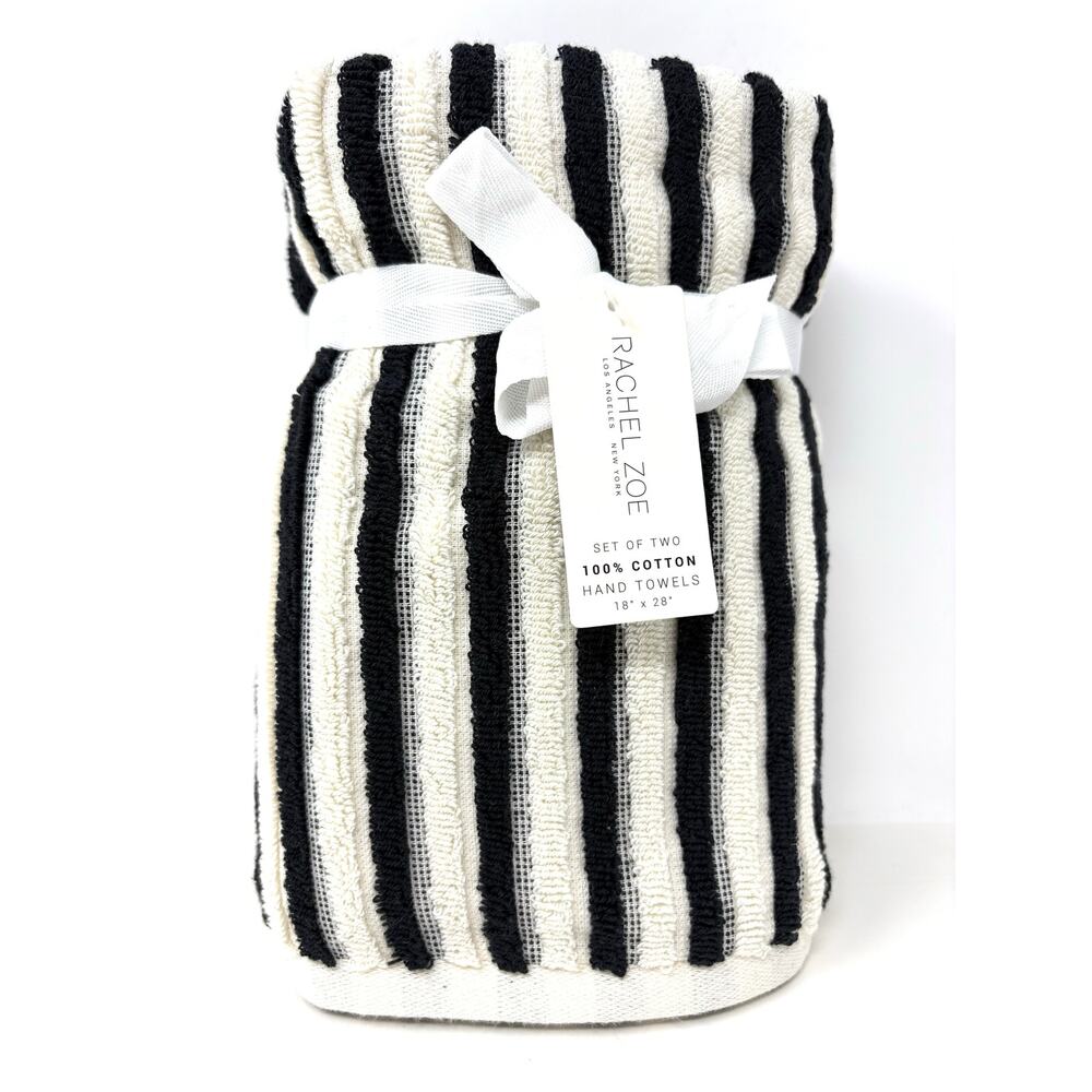 Rachel Zoe Black Ivory Off White Stripes Hand Towels 18x28” Plush NWT 2